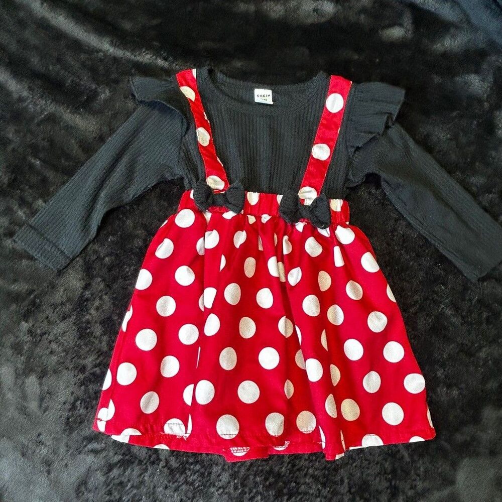 Shein Baby Girls Minnie Mouse Style Polka Dot Dress 9-12 Months Red Black Bows
